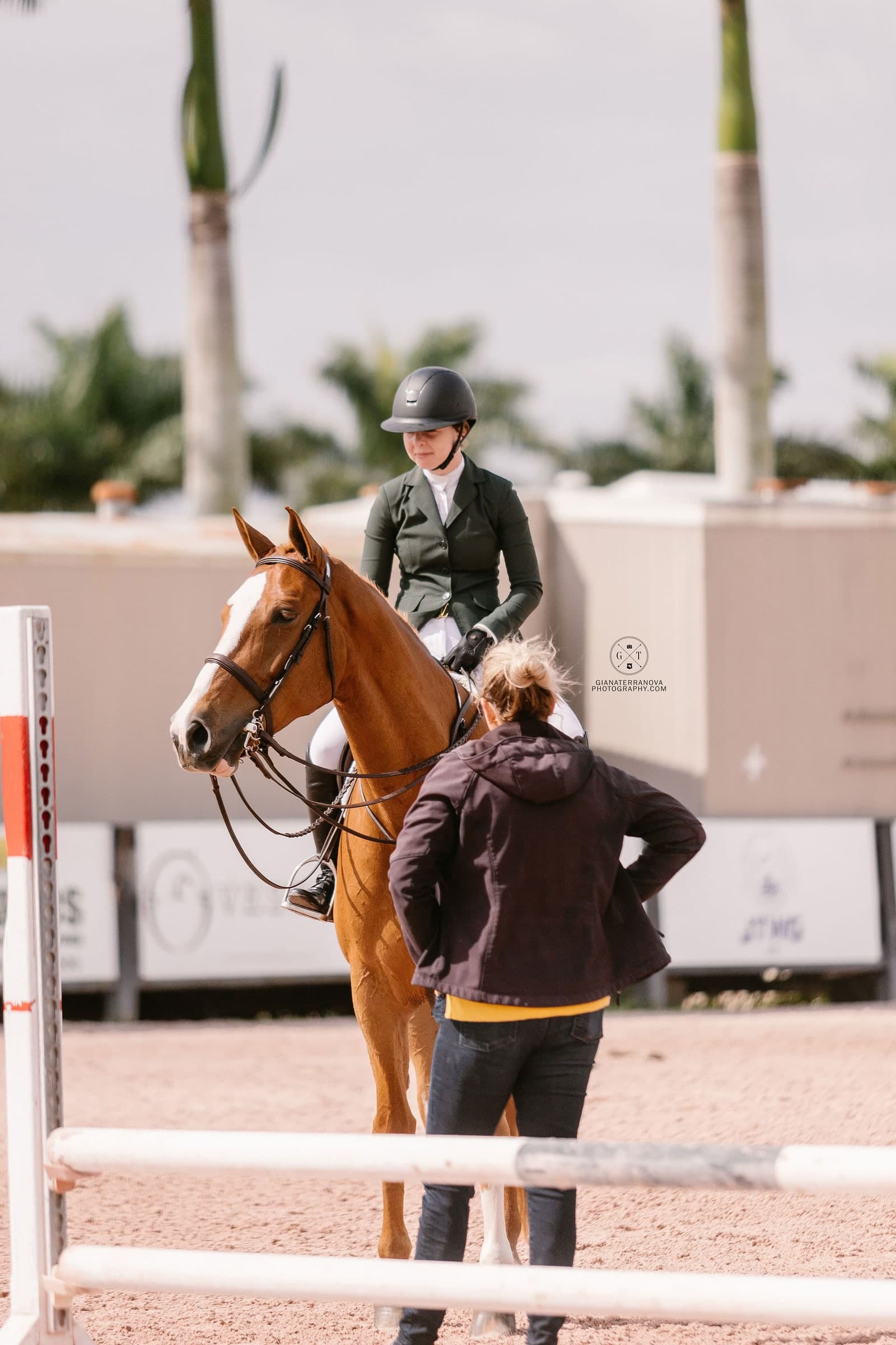 A rider and chestnut horse receiving guidance at the arena rail
