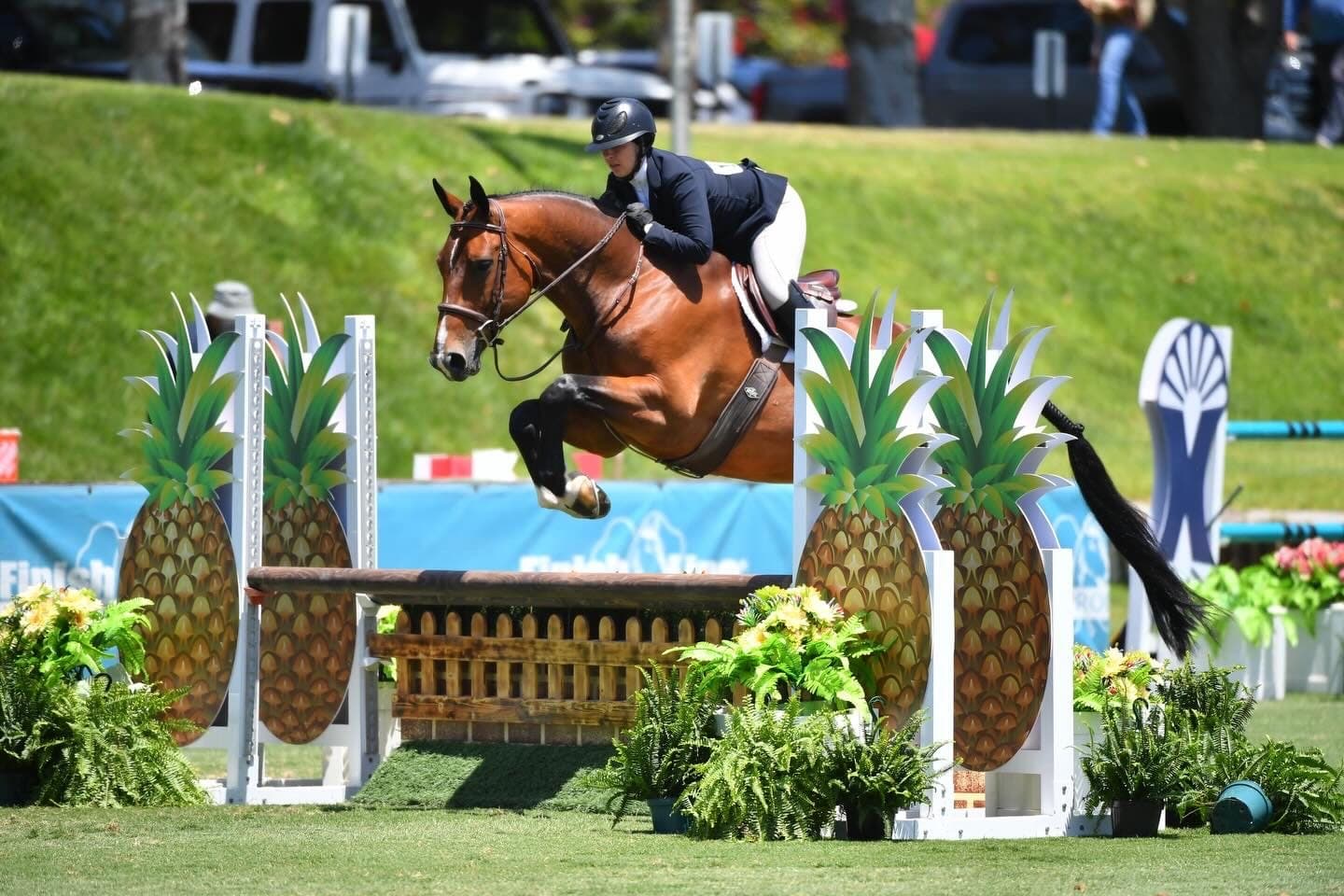 A horse and rider jumping a pineapple-themed fence on a grass derby field