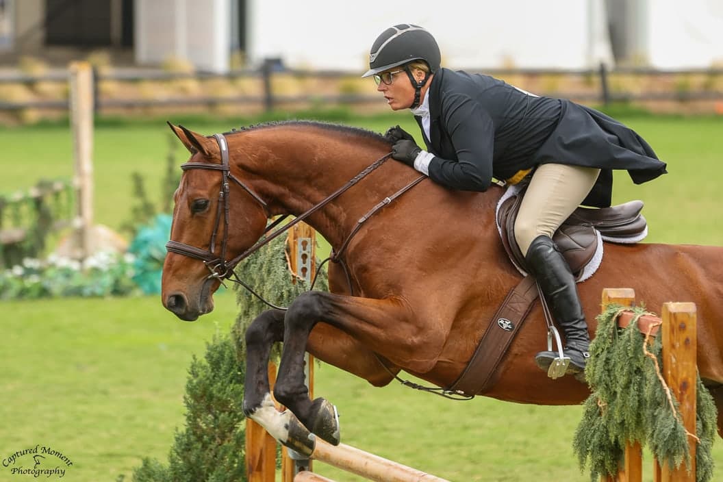 A chestnut hunter and rider in a dark coat clearing a natural fence