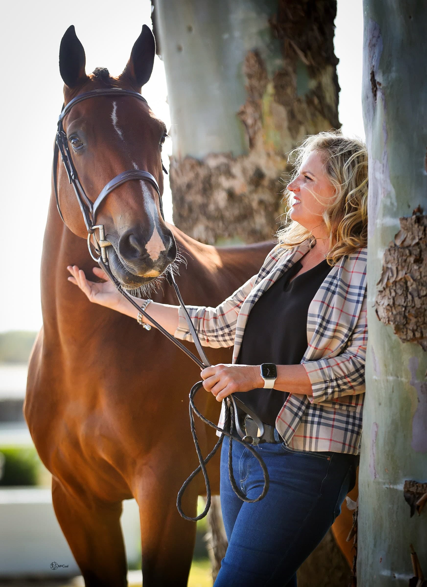 Kristin Barreto with a bay horse under the sycamores
