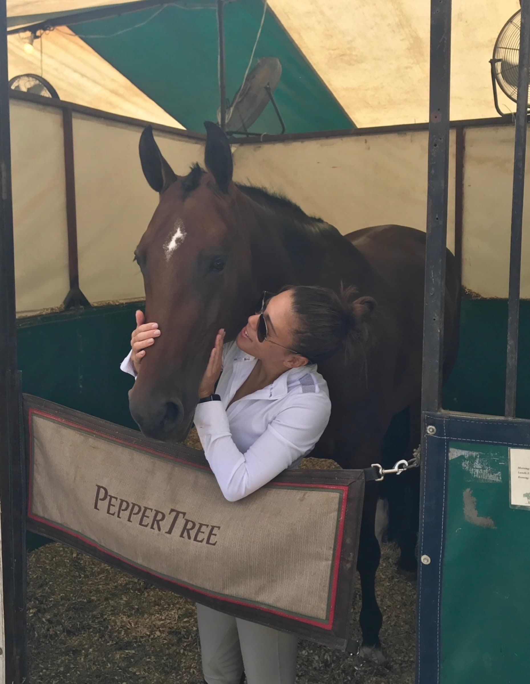 A rider hugging a bay horse in its show stall, behind a PepperTree stall guard