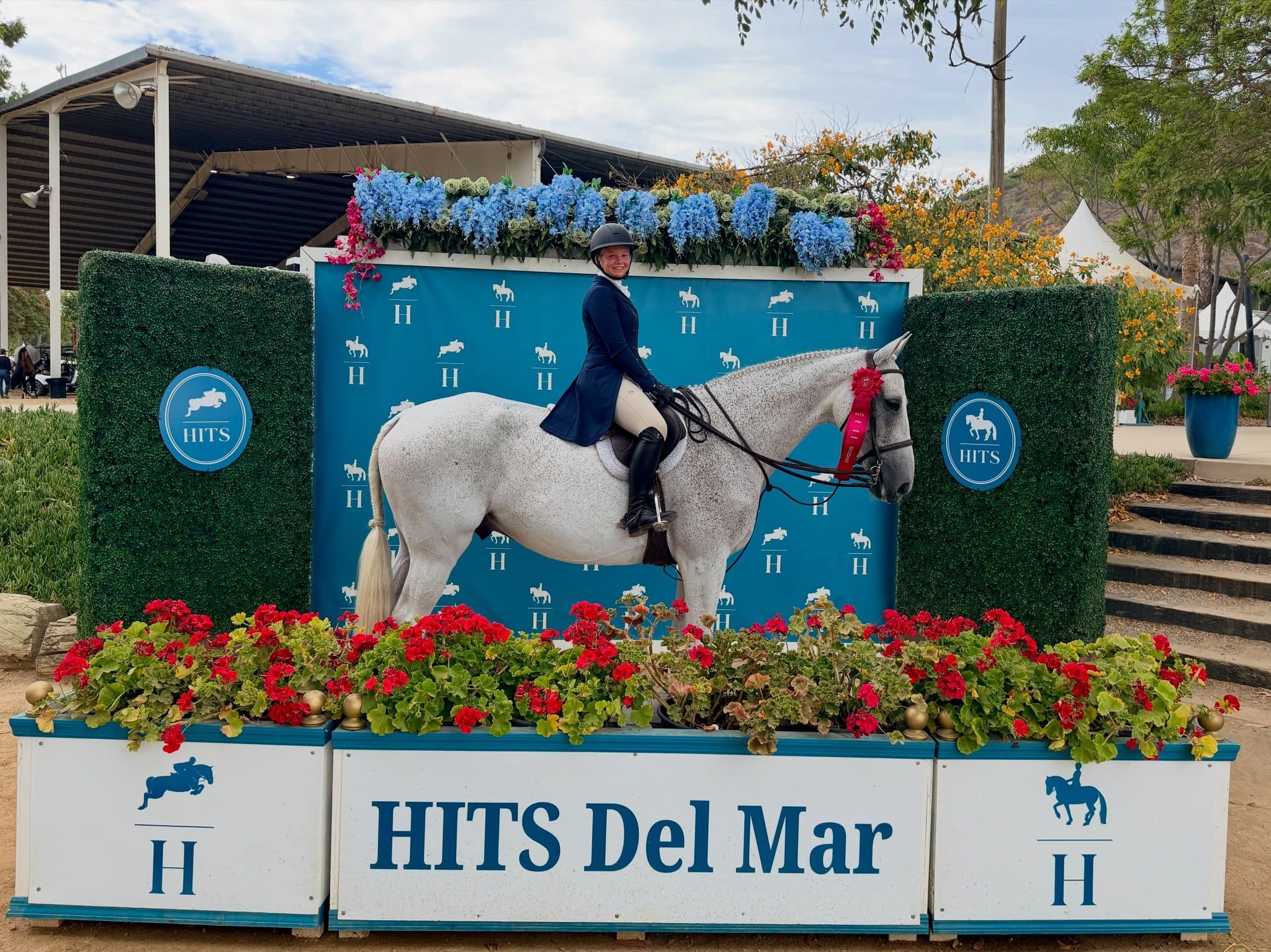 Zephyr, a grey horse, standing with a rider in front of the HITS Del Mar backdrop